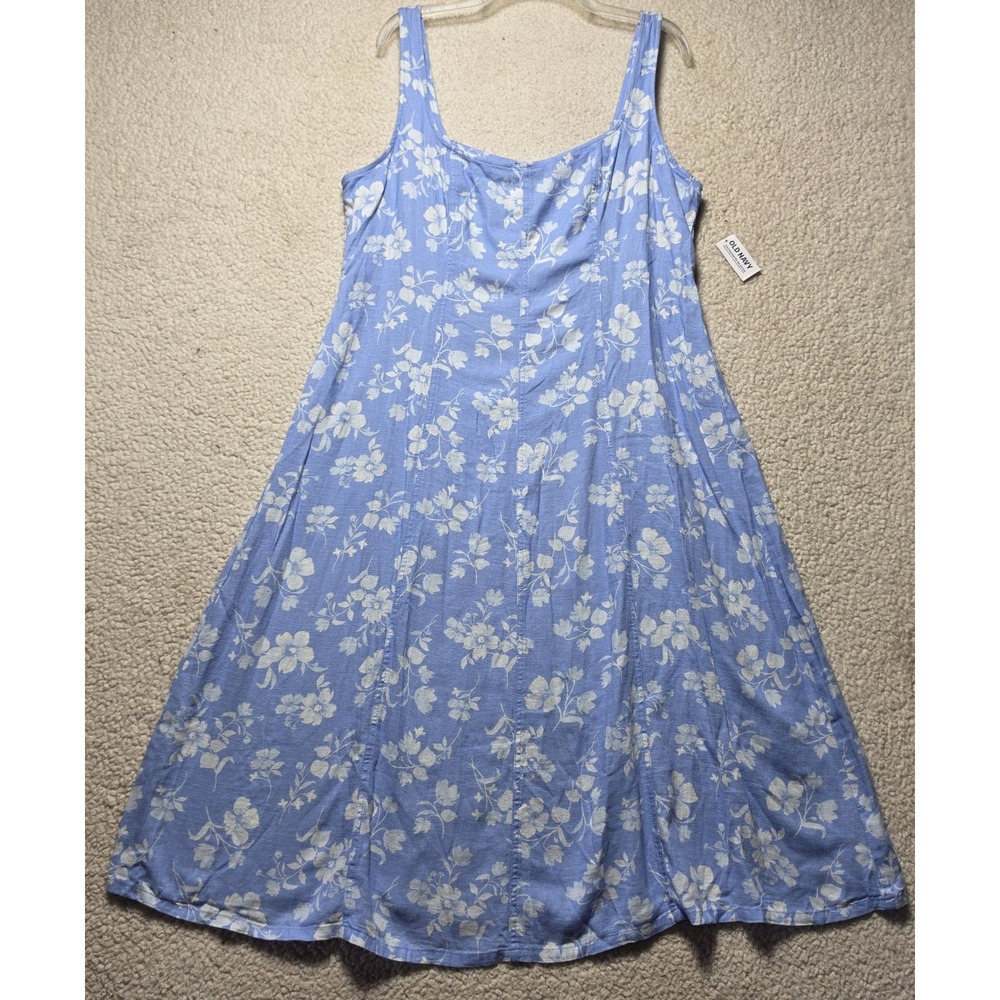 Old Navy Women XL Blue Floral Linen Blend Square Neck Smocked Midi Dress NWT